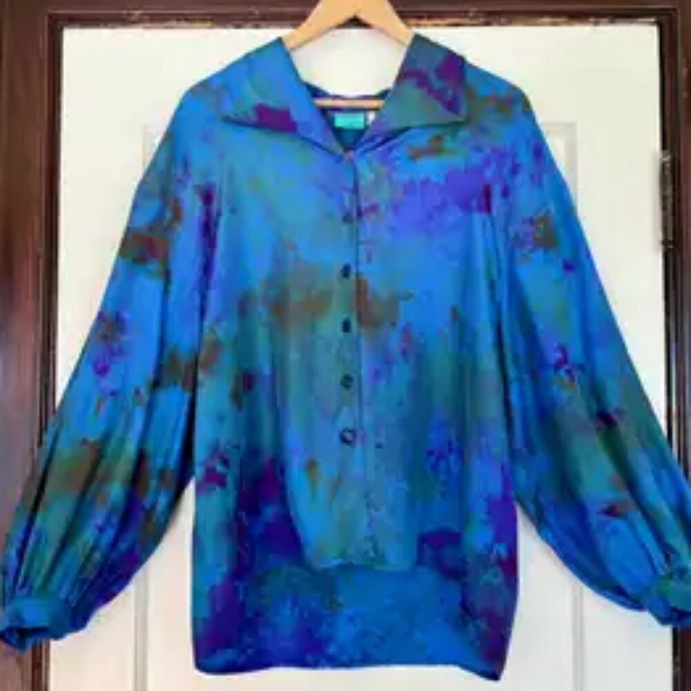 Oversized Cobalt Silk Balloon Blouse - Chloe Cox